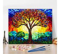 TISHIRON Stained-Glass Tree Painting by Numbers Kit - Paint by Numbers Abstract Art for Adults & Beginners, 40x50cm Elegant Home Decor with Brushes & Acrylic Paints