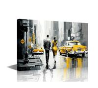 TISHIRON Street View of New York Wall Art Prints Poster Yellow Taxi Man and Woman Oil Painting American City Canvas Wall Paintings for Living Room Children Room Bedroom Decor Framed 36"x24"