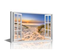 TISHIRON Sunset Beach Wall Decor for Bedroom Living Room 3D Window View Paintings Seaside Pictures Canvas Modern Wall Artwork Home Decorations Office Art Framed Ready to Hang - 24x16in