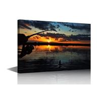 TISHIRON Sunset Fishing Canvas Wall Art Large Size Fishing Posters and Print Bathroom Artwork Prints Fishing Tackle Peaceful Lake Scenery Canvas Artwork Wall Decor Ready to Hang, Kids Decor 18x12in