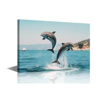 TISHIRON Sunset Scenery Canvas Modern Wall Decor For Living Room Animal Dolphin Duo Jumping Over The Water Pictures Artwork Wall Art For Bedroom Bathroom Home Decor 1 Piece (12" Wx18 H)