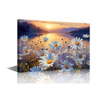 TISHIRON Sunset Wall Art Daisies by the Lake Wall Decor 1 Panel Blossoming Flowers Wall Pictures for Living Room Home Decor Artwork Stretched with Wooden Frame Ready to Hang (16''Wx 24''H)
