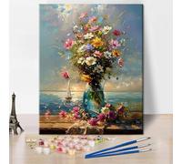 TISHIRON The View Outside The Window- Paint by Number for Adult Beginner Seascape and Vase Sailboat Canvas Oil Painting Kit Digital Painting Vintage Home Office Wall Decoration 16x20inch Frameless