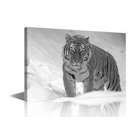 TISHIRON Tiger in the Snow Modern Wall Art Black and White House Decorations for Living Room 1 Panel Animal Canvas Wall Art Paintings for Bedroom Office Decor Artwork Framed Easy to Hang - 18x12in