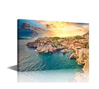 TISHIRON Urban Building Panorama Canvas Wall Art Natural Landscape Paintings Dubrovnik Seaside Prints on Canvas Modern Artwork Pictures for Living Room Bedroom Giclee Framed Ready to Hang, 36x24in