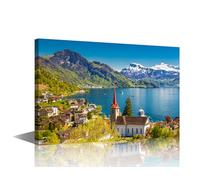 TISHIRON Village Weggis Canvas Wall Decor Lake Lucerne Posters and Prints for Bedroom Swiss Alps in the Background Paintings Art Work for Home Decor Living Room Office 12" Wx18 Hx1 Panel