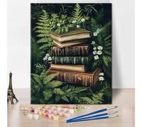 TISHIRON Vintage Books Paint by Numbers for Adults, Green Leaf DIY Paint by Numbers Kits on Canvas, Botany Theme Oil Painting for Gift Home Wall Decor Art Crafts 16"x20"(Frameless)