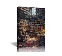 TISHIRON Vintage Bookshelf Modern Wall Art Antique Book House Decorations for Living Room Magic Library Canvas Wall Art Paintings for Bedroom Office Artwork Framed Easy to Hang - 18x12in