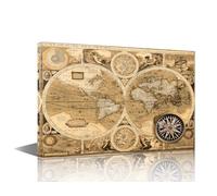 TISHIRON Vintage Map Wall Art Map of the World Wall Decoration for Living Room Maps Wall Paintings 1 Panel Canvas Home Decor Artwork Giclee Wooden Framed Stretched Ready to Hang (16''Wx24''H)