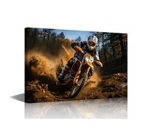 TISHIRON Wall Art Canvas Print - Motocross Rider Speeding Through Dirt Track Kicking Up Dust Cloud Action Shot, Framed Extreme Sports Poster for Garage Man Cave Wall Decor 18x12 in