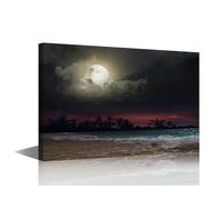 TISHIRON Wall Art Canvas Print Picture Moon 1 Panels Seaside Nightscape Painting Artwork for Living Room Bedroom Kitchen Bathroom Home Wall Decor Stretched and Framed Ready to Hang 36x24in