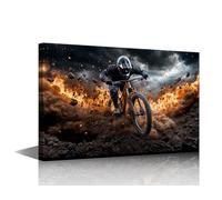 TISHIRON Wall Art Canvas Print - Professional Cyclist Riding Mountain Bike Through Volcanic Explosion Extreme Sports Painting, Framed Action Poster for Man Cave 18x12 in