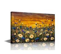 TISHIRON Wall Art Canvas Prints,White and Blue Cornflowers Oil Paintings Prints Landscape Impressionism Artwork Daisies Flowers Framed for Living Room Bedroom Home Decor 16x24 in