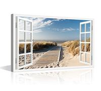 TISHIRON Wall Art Decor 3D Window Effect Boardwalk Sandy Beach View Canvas Pictures Artwork Framed Seaside Print Painting Home Decor for Home Living Room Wall Decor(16x24in)
