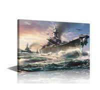 TISHIRON Wall Art Decor Navy Blue and White Military Prints, Warships Poster for Bedroom Man Cave Bar, Framed Canvas Battleship Artwork Ready to Hang, Vintage WW2 Marine Scenery Painting, 24x16 in