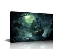 TISHIRON Wall Art Decor Painting on Canvas Fantasy Boat Cursed Ghost Ships Pictures for Home Walls Sailboat Nautical Office Wall Art Framed Modern Artwork for Living Room Bedroom 24x16 in
