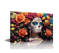 TISHIRON Wall Art for Living Room Day of the Dead Wall Paintings Mexican Home Decor 1 Panel Festive Mexican Heritage Woman Artwork Framed Ready to Hang Posters and Prints (24''Wx 36''H)