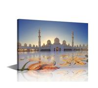 TISHIRON Wall Art for Living Room Islamic Wall Paintings Mosque in the Evening Pictures Grand Mosque in Abu Dhabi Home Decor 1 Panel Artwork Framed Ready to Hang Posters and Prints (24''Wx 36''H)