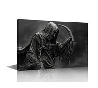 TISHIRON Wall Art Gothic Grim Reaper with Scythe Canvas Wall Art Misty Battle Scene Framed Painting for Bedroom Living Room Haunted House Decor HD Giclee Print Gallery-Wrapped Canvas 24x16 in