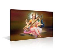 TISHIRON Wall Decoration for Living Room Indian Home Decor Saraswati Pictures for Bedroom Indian God Room Decor 1 Piece Hindu Goddess Canvas Wall Art Modern Artwork Framed Ready to Hang (24" Wx36 H)