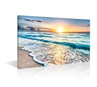 TISHIRON Wall Decorations Beach Sunset Wave For Home Modern Decor Blue Ocean Sea Painting Pictures Print On Canvas Wall Art Wooden Frame Ready To Hang(36X24in)