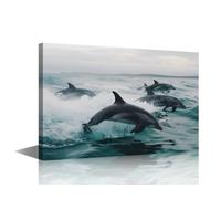TISHIRON Wall Decorations For Living Room Large Size Canvas Dolphins Jumping Over The Water Wall Pictures Modern Office Print Dolphins Wall Paintings Ready To Hang Home Decor 1 Piece (24" Wx36 H)