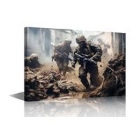 TISHIRON Warfront Canvas Wall Art Heavy Combat Scene 1 Panel Framed Military Print Depicting Armed Soldiers In Assault Formations Urban Battle Strategy And Strategic Combat Maneuvers 18x12 in