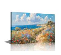 TISHIRON Wildflowers Overlooking the Sea Canvas Wall Art Coast Flower Posters & Prints Artwork Contemporary Home Decor Stretched Canvas Picture for Living Room Bedroom Home Office Decor 16" Wx24 H