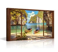 TISHIRON Window View Effect Canvas Wall Art Modern 3D Window of Andaman Sea Painting Framed Print Ready to Hang for Living Room Bedroom Bathroom Home Wall Decor 12x18inch