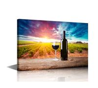 TISHIRON Wine Bottle Canvas Wall Art Grape Wine Paintings Red Wine Prints on Canvas Vineyard at Sunset Modern Pictures for Living Room Kitchen Bedroom Rustic Wall Decor Framed Ready to Hang, 36x24in