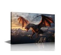TISHIRON Winged Dragon Wall Art 1 Panel Animals Pictures Canvas Print Medieval Fantasy Posters Wildlife Artwork for Home Walls Framed Painting for Bedroom Office Decorations, 24x16in