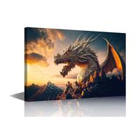 TISHIRON Winged Fire Dragon Wall Art Animals Pictures Print On Canvas Modern Artwork Volcano Wall Art for Living Room Office Giclee Gallery Wrapped Framed Ready to Hang, 24x16in