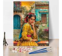 TISHIRON Woman Paint by Number Beautiful Woman with Leopard on The Background of Colorful Houses Paint by Numbers Kit for Adults, Digital Painting with Brushes and Pigment, 16x20 Inch