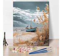 TISHIRON Wooden Ship Painting by Numbers for Adults, Beach and Boat DIY Paint by Numbers Beautiful Landscape Oil Painting Acrylic Painting Kit, 16x20 Inches Without Frame Paint by Numbers