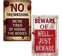 TISOSO No Trespassing We're Tired of Hiding The Bodies & Beware of Well Just Beware Metal Home Wall Decor Tin Sign Vintage Wall Bar Decor Yard Signs 2pcs-8x12inch