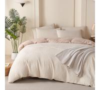 TISPLR Comforter Queen Set Beige Striped Soft Luxury Washed Microfiber Jacquard 3 Pieces Bedding, White Beige Vertical Ticking Stripes Pattern Comforter with 2 Pillowcases Breathable Durable Comfy