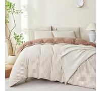 TISPLR Comforter Set Queen Size Striped Soft Luxury Washed Microfiber Jacquard 3 Pieces Bedding, White Dark Brown Vertical Ticking Stripes Comforter with 2 Pillowcases Breathable Durable Comfy