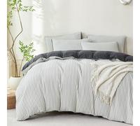 TISPLR Dark Grey Comforter Set Queen Striped Washed Microfiber 3 Pieces Jacquard Bedding, White & Grey Vertical Ticking Stripes Comforter with 2 Pillowcases, Luxury Soft Breathable Durable Comfy