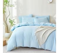 TISPLR Light Blue Striped Comforter Set Queen Soft Luxury Washed Microfiber Jacquard 3 Pieces Bedding, Blue Vertical Ticking Stripes Comforter with 2 Pillowcases Breathable Durable Comfy
