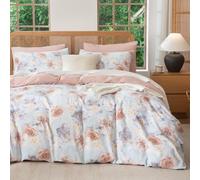 TISPLR Queen Size Comforter Floral 3 Pieces Soft Chic Crinkle Gauze Fabric Peony Floral Print Lightweight Botanical Flower Comforter for All Seasons Luxury Warmth Comfy Breathable with 2 Pillowcases