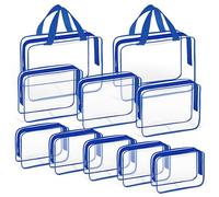 TISRATOK 10 PCS Clear Travel Makeup Toiletry Bag, Plastic PVC Cosmetic TSA Approved Organizer Kit with Zipper Handbag, Blue
