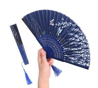 Tissting 2Pcs Folding Hand Fan, Blue Group Dance Cherry Blossoms Handheld Folding Fans for Dancing Performance Cosplay Wedding Party Props Decoration Gift