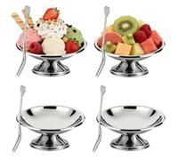 Tissting 4 Pcs Ice Cream Bowl, Ø11cm 180ml Stainless Steel Dessert Bowl Reusable Silver Footed Sundae Cup with Fork, Milkshake Cup for Dessert, Frozen Yogurt, Gelato, Birthday Party Decorations