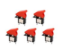 Tissting Car Toggle Switch Kit, Waterproof 12V DC 25A 2 Pin Momentary Rocker Switches with Red Safety Covers, 5Pcs Set for Automotive Boat Truck Dashboard Electronic Equipment