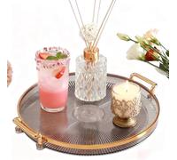 Tissting Decorative Tray 27cm Round Anthracite Gold Transparent Serving Holder with Handles, Plastic Make Up Display Platters for Kitchen, Bathroom, Living Room