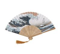 Tissting Japanese Style Painted Waves Bamboo Folding Fan, Retro Imitation Silk Hand Fan with Carved Handle for Home Decoration, Dance Performance Props, Office Ornament, Lightweigh (25-blue bones)