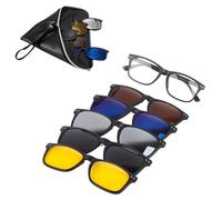Tissting Magnetic Clip on Sunglasses with 5 Interchangeable Clips, TR Rectangular Eyeglasses Retro Clip on Night Driving Glasses for Men Women