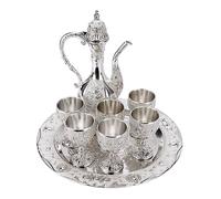 Tissting Metal Wine Glass Jug Set European Style Wine Drinking Cups Hip Flask Set with 6 Wine Glass,1 Hip Flask,for Gifts, Table Decoration(Silver White)