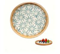 Tissting Round Rattan Tray,Rattan Woven Serving Tray,Modern and Boho Decor Serving Tray, Hand Woven Decorative Tray Plates for Dining Coffee Table (Green Flower)