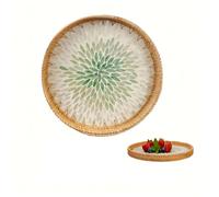 Tissting Round Rattan Tray,Rattan Woven Serving Tray,Modern and Boho Decor Serving Tray, Hand Woven Decorative Tray Plates for Dining Coffee Table (Green)